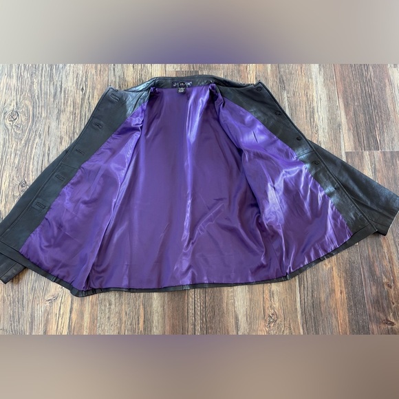 J.G. Hook Black Leather Jacket Womens Lg Button Front Purple Lined Classic Chic - Picture 3 of 15